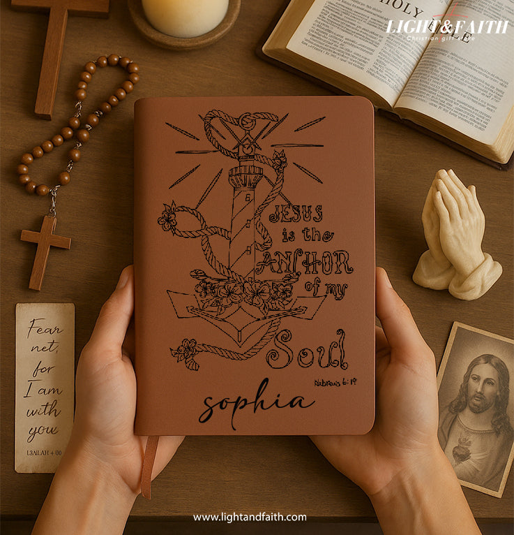 Personalized Christian Journal with Jesus Anchor Design, Custom Faith Notebook for Prayer and Reflection, Inspirational Religious Gift, Hebrews 6:19 Verse. NBLAF65